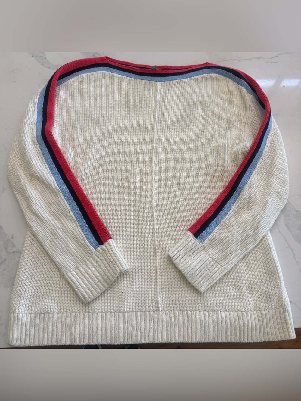 T by Talbots Cream Crewneck Sweater with Red and Blue Stripe Detail